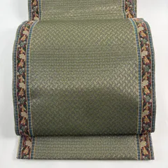 袋帯 秀品 花唐草 幾何学模様 金糸 箔 灰緑 六通 正絹 【中古】