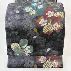 【美品】 袋帯 秀品 振袖向き 桜 花びら 金糸 箔 黒灰 六通 正絹 【中古】