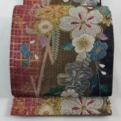 【美品】 袋帯 秀品 草花 格子 箔 金糸 朱色 六通 正絹 【中古】