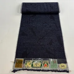 反物 逸品 結城紬 証紙有り 菊 亀甲絣 青黒 正絹 【中古】
