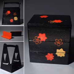 木彫 漆塗り 三段重 紅葉 仕切り付き 取っ手付 3段 祝い膳 懐石 重箱 和食器 昭和レトロ 日本製 木製