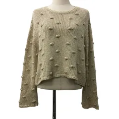 ザラ ZARA セーター ニット プルオーバー ラウンドネック クロップド リネン混 透かし編み 立体ドット 長袖 M ベージュ