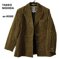 【missan TAKEO NISHIDA/タケオニシダ】AN ROBE レトロ モダン ジャケット ベロア チェック柄 厚手 総裏 総柄イエロー ブラック 黄色 黒（中古・欠損あり）