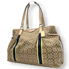 コーチ トートバッグ シグネチャー ストライプ キャンバス レザー ベージュ F26130 巾着型 ドローストリング A4収納可 肩掛け ワンショルダー 大容量 レディース ハンドバッグ 通勤 通学 チャーム付き クリーニング済み s63