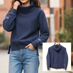 裏起毛で暖かい◎【Champion】チャンピオン タートルネック スウェットトップス プルオーバー コットン 綿 シンプル カジュアル 古着MIX デイリー タウンユース ネイビー 紺 レディース サイズM/M38834jY