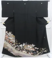 【一輝堂】黒留袖 五つ紋 金駒刺繍 鶴 比翼仕立て 落款入り 正絹 着物 25z11-6398