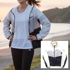 様々なスポーツシーンに◎【adidas】アディダス ジップアップ パーカー フーディ ウインドブレーカー 薄手 ライトアウター ロゴプリント 運動 トレーニング ジム ホワイト 白×ブラック 黒 レディース サイズS/M38817jY