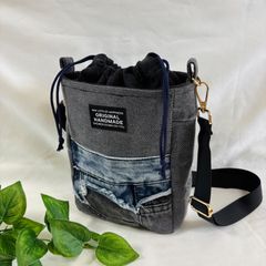 ハンドメイド デニムリメイク 巾着付きショルダーバッグ アメリカン
