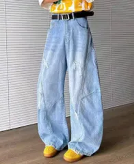ウォッシュ加工 ワイドレッグジーンズ 韓国ストリート Y2K ルーズデニム