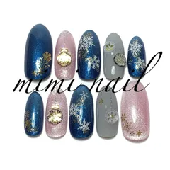 現品限り ブルー＆ピンクマグネット雪の結晶ネイルチップ ハンドメイド ロング ジェルコート済