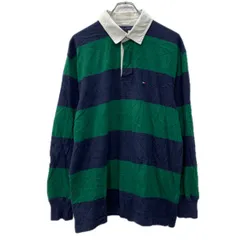 TOMMY HILFIGER 長袖 ラガーシャツ L グリーン ネイビー トミーヒルフィガー ハーフボタン ボーダー 刺繍ワンポイント 春物 a712-5101のサムネイル
