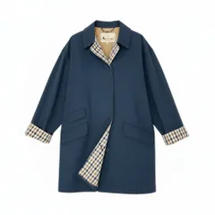 51Ⅼ2《美品》 Aquascutum OF LONDON アクアスキュータム 英国製 ステンカラーコート 切替チェック柄 比翼ボタン レディース 女性用 M ネイビー コットン100％u02t