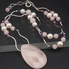 J294 ローズクォーツ 淡水真珠 パール アメジスト STERLING刻印 ネックレス デザイン シルバー 2月 6月誕生石