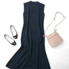 NOBLE ノーブル ランダムリブマーメイドニットワンピース ロング ノースリーブ ネイビー ブラック(111Y＋8623)26N