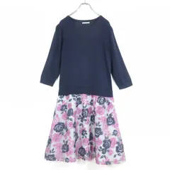 ローズティアラ★重ね着風ドッキングワンピース 大きいサイズ42 ネイビー×白系 無地×花柄 z16500