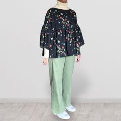 着物リメイク　大島紬　ゆったりサイズ　ドルマンスリーブ　L~LL 着物リメイク 大島紬からドルマンスリーブのヨークギャザーワンピース