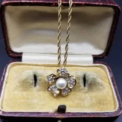 80's頃 Attwood & Sawyer パール装飾 ヴィンテージ フラワー ペンダント ネックレス ラインストーン煌めき 上品 エレガント A&S Y22-G