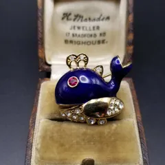 80's頃 Attwood & Sawyer 青いクジラ ヴィンテージ ブローチ ラインストーン煌めき エナメル装飾 レトロ コスチュームジュエリー Y22-G