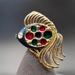 80's DAXON 英国 ヴィンテージ 尾の長い魚 マルチカラー ガラス インレイ ヴィンテージ フィッシュ ブローチ 大ぶり 存在感 Y22-O