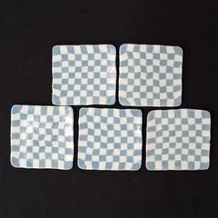 瀬戸赤津焼　古山窯　角小皿銘々皿　陶器の小皿　5枚目セット　青と白の市松模様　小皿　AHR12-2
