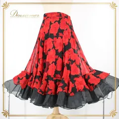 社交ダンス 衣装 スタンダード スカート レッスンウェア オールシーズン 赤 黒 ブラック系 レッド系 花柄 練習着 派手 バイカラー 大人っぽい エレガント フレア スカート ヘムライン ショート丈 薄手 通気性 シンプル デザイン コスチューム