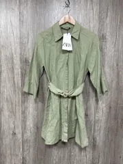 美品 ZARA ザラ タグ付 リネン混 長袖 ロング シャツ ワンピース sizeS/オリーブ  ■◇ レディース