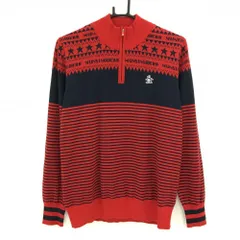 【美品】マンシングウェア ハイネックセーター レッド×ネイビー 下部ボーダー ハーフジップ  レディース LL ゴルフウェア Munsingwear