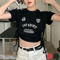 ショップにこにこ ショート丈 袖ライン ゲームTシャツ ma 【即納】 韓国カジュアル 海外ガール トップス 半袖 チビT ミニ丈 クロップド丈 へそ出し ユニフォーム風 ゲームシャツのサムネイル