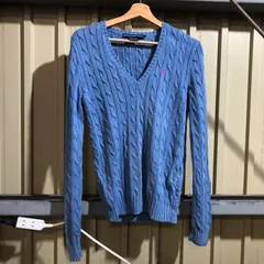 1035 RALPH LAULEN SPORT セーター ブルー M ラルフローレンスポーツ ニット ケーブル編み ワンポイント 刺繍ロゴ ポロポニー コットン 古着卸 アメリカ仕入