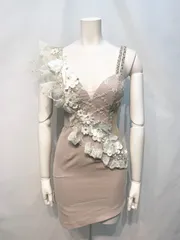 1902 ROBE de  FLEURS ローブドフルール　キャバクラ　ドレス　チュール　ジャガード　タイト　フラワー　ストーン　パール　ミニ　キャバドレス　XS