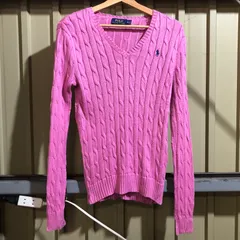 1036 POLO RALPH LAUREN セーター ピンク S ポロラルフローレン ニット ケーブル編み ワンポイント 刺繍ロゴ ポロポニー コットン 古着卸 アメリカ仕入