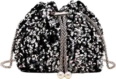 HARGIO(ハルジオ) スパンコールバッグ パーティーバック レディース ショルダー ポシェット 巾着 チェーン 小さめ おしゃれ かわいい 結婚式 ドレス キラキラバッグ 肩掛け 斜めがけ (シルバー,  小)