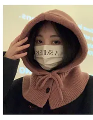 ニット帽 ニットフード バラクラバ フード付き 付けフード フーディー スヌード 巻き物 リブ編み 女性用 カップル向け 防寒 暖かい おしゃれ レイヤード 韓国 冬のサムネイル