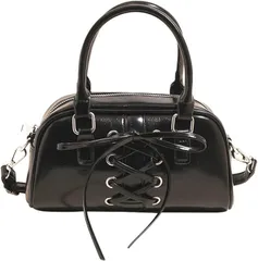 HARGIO(ハルジオ) ミニボストンバッグ レディース ショルダー バック ショルダーバッグ ハンドバッグ 2WAY 小さめ 肩掛け 斜めがけ 横長ボストン 幅広 韓国 トレンド リボン レザー調 かばん 鞄 (ブラック,  Free Size)