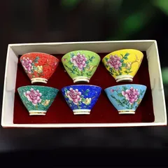 【新品・未使用】景徳鎮風 花柄茶杯 6個セット カラフル 磁器 湯のみ