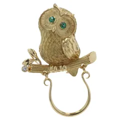 K18YG ブローチ スカーフリング グラスホルダー ダイヤモンド 0.025ct 合成エメラルド 梟 フクロウ アニマル【新品仕上済】【zz】【中古】