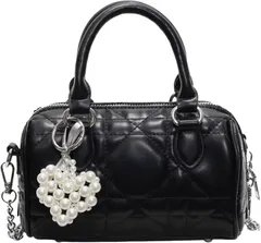 HARGIO(ハルジオ) ミニバッグ ミニボストンバッグ レディース ショルダーバッグ 小さめ キルティング ハンドバッグ 2WAY 横長 バック 肩掛け 斜めがけ 手提げ トレンド かばん 鞄 (ブラック,  20cm x 12cm x 9cm)