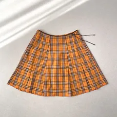 Y2K バーバリーロンドン ノバチェック プリーツ ミニスカート 平成ギャル  麻 リネン フェイクレザーリボン BURBERRY LONDON