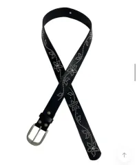 ペインテッドウッド フラワーパターン スタッズ ベルト ブラック