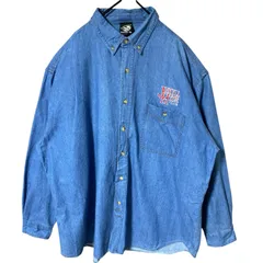 2XL ワンポイント 刺繍 ブルー 青 ボタンダウン デニム オーバーサイズ シャツ レディース ユニセックス メンズ 古着 長袖