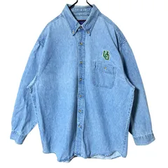 ボタンダウン ブルー 青 デニム L ワンポイント 刺繍 ワッペン シャツ レディース ユニセックス メンズ 古着 長袖