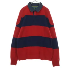 TOMMY HILFIGER トミーヒルフィガー ボーダー柄 長袖 ラガーシャツ L レッド メンズ 古着