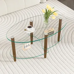 楕円形ガラスコーヒーテーブル 3段ガラス天板 透明 オーク材脚 モダンデザイン センターテーブル リビングテーブル おしゃれ 収納付き インテリア家具 新生活 一人暮らし テーブル ローテーブル