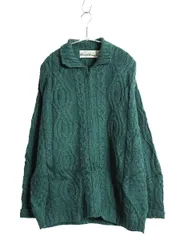 【お得なクーポン配布中!】 アイルランド製 aran crafts フルジップ フィッシャーマン ニット セーター メンズ レディース M 古着 メリノ ウール ジャケット アラン 緑