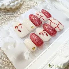 【現品】ネイルチップ　赤　白　チェック柄　リボン