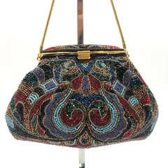 【美品】タイトル ビーズバッグ クラッチバッグ マルチカラー がま口 民族調 ゴールドチェーン