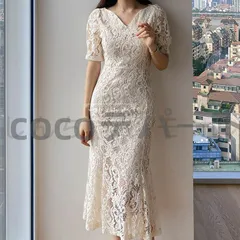 レースワンピース レディース レース Vネック 夏 杏色 ブラック ロング丈 半袖 綺麗 ワンピ 高級感 上品 ファッション パーティー デート 