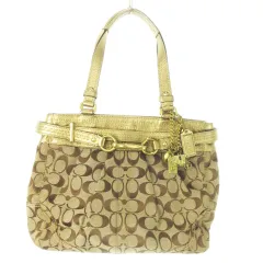 コーチ COACH ハンドバッグ キャンバス レザー ロゴ シグネチャー 総柄 メタリック ロゴチャーム 茶 ブラウン 12467 /AO6 ■GY18