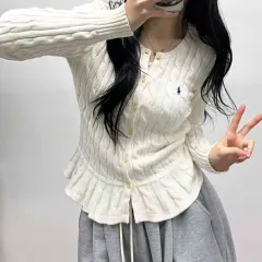 ポロ ラルフローレン 白 ケーブル フリル ピンターカル ニット カーディガン (XL)