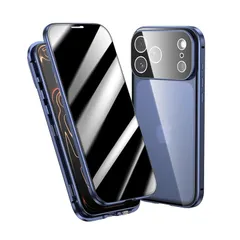 覗き見防止 iPhone 17 Pro Max 用 ケース ロック付き アルミ バンパー メタルフレーム スマホケース 強化ガラスフィルム 一体型レンズ保護 マグネット式アイフォン17promax 用 両面ケース，ブルー